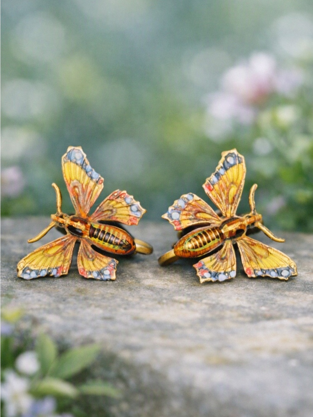 Gorgeous Vintage Guilloché Enamel-on-Sterling Butterfly Screw-Back Earrings